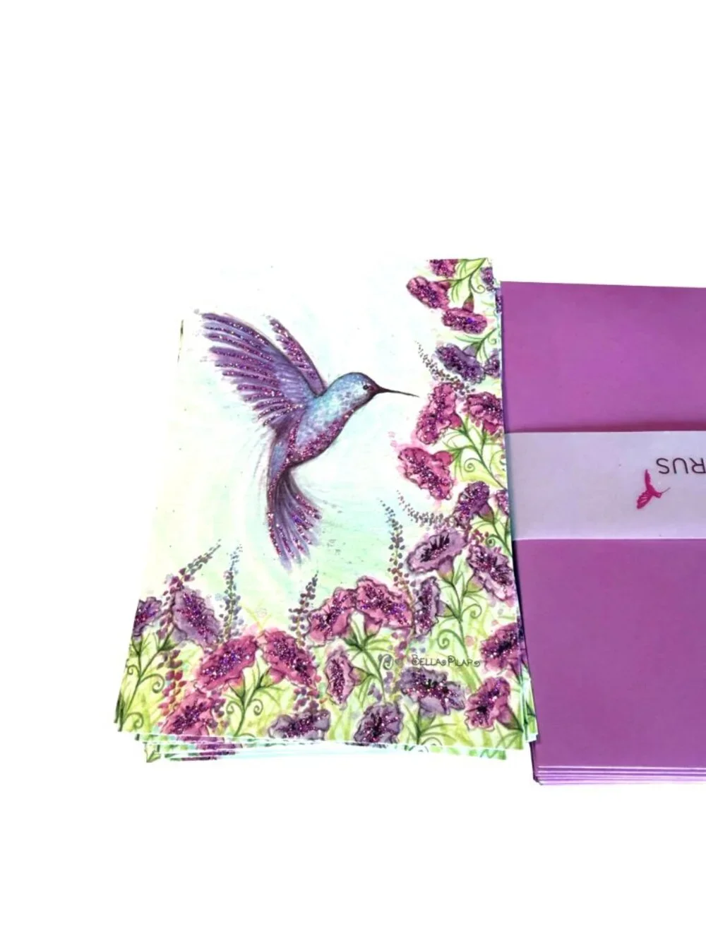 Papyrus 12 Hummingbird Notecards Envelopes Gold Seals Floral Glitter Purple